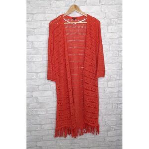 Torrid Knit Duster Sweater Burnt Orange Open Knit 3/4 Sleeves Fringe Hem Size 2X
